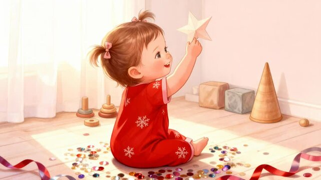 young child in red snowflake outfit reaches for star, surrounded by colorful blocks and festive decorations in cozy room, evoking joyful play, winter celebration, and happy holiday spirit