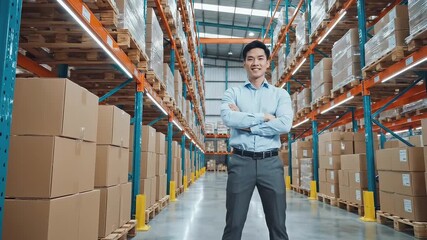 Confident warehouse manager stands with arms crossed in a spacious storage facility, showcasing organized boxes, camera pans to reveal the environment