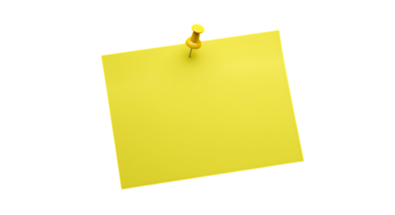 A yellow sticky note pinned with a golden thumbtack on transparent background.