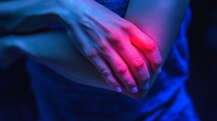 Person's hands with glowing light effect in blue and red hues, close-up view