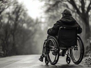 A man sits in his wheelchair looking ahead, wet streets and a somber mood create an evocative scene.