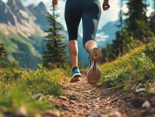 A person running on a dirt path in the mountains during daylight hours.