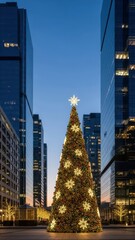 Christmas tree illuminated in urban skyscraper plaza at dusk