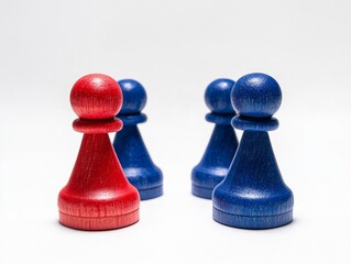 Vibrant chess pieces in red and blue hues, ready for play