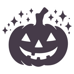 Silhouette of a halloween pumpkin with triangular eyes and a toothy grin surrounded by stars and sparkles