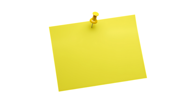 A yellow sticky note pinned with a golden thumbtack on transparent background. - Powered by Adobe