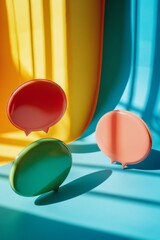 Three round objects with a speech bubble on top. One is green, one is red, and one is orange