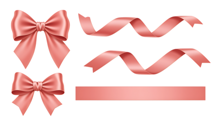 Elegant pink ribbons and bows collection perfect for designs on transparent background.