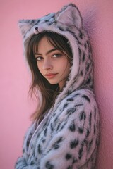 A woman wearing a leopard print hoodie. She has brown hair and is wearing a pink background
