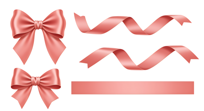 Elegant pink ribbons and bows collection perfect for designs on transparent background.