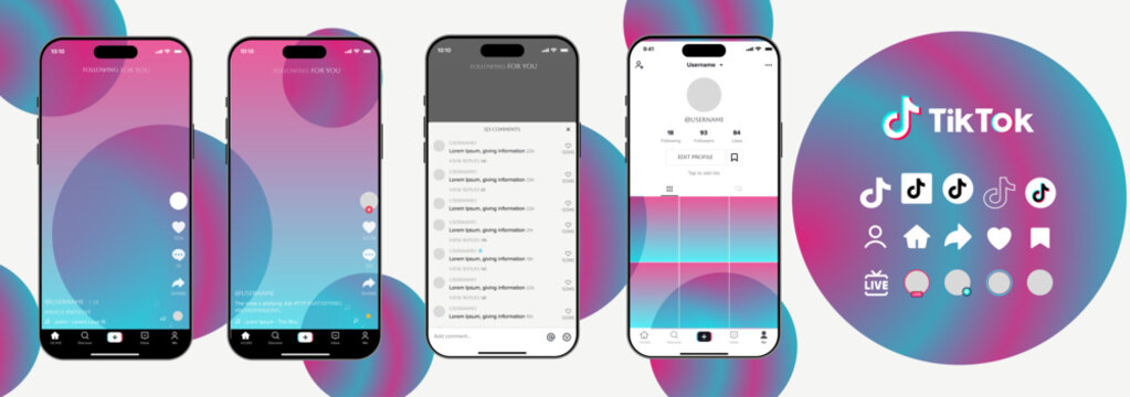 Tik tok mobile App interface template. Tiktok mockup social media template. mobile app interface template on social network. Tiktok Home, User, activity template.	
