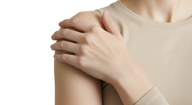 Woman gently holding her shoulder showcasing delicate skin and a simple ring on transparent background.