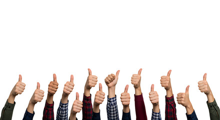 Diverse group of hands giving thumbs up gestures positive affirmation on transparent background.