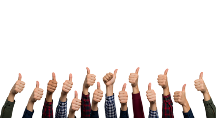 Diverse group of hands giving thumbs up gestures positive affirmation on transparent background.