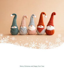 Scandinavian Christmas gnomes  with pastel colors, cozy hats, on a warm background. Template for a New Year's card, banner. Space for text, greetings.