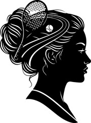 Stunning silhouette of a woman with tennis racket and ball in her hair, symbolizing strength, style, and passion for the sport, originally a vector graphic