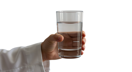 A hand holding a clear glass of water with a simple aesthetic on transparent background.