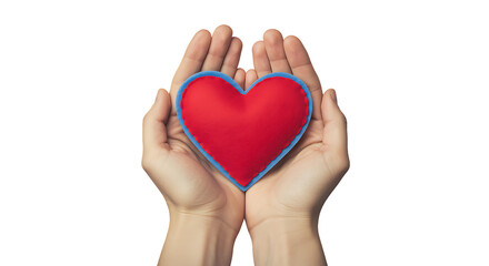 Obraz premium Hands gently cradling a vibrant red heart with a blue outline on transparent background.