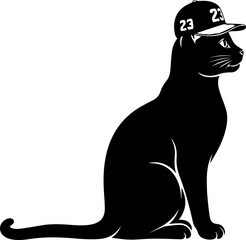 Whimsical black silhouette of a cat wearing a baseball cap with '23' creating a fun, quirky, and unique design element perfect for playful projects