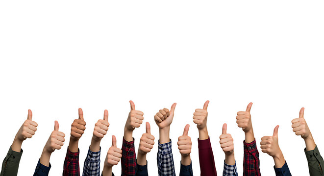 Diverse group of hands giving thumbs up gestures positive affirmation on transparent background.