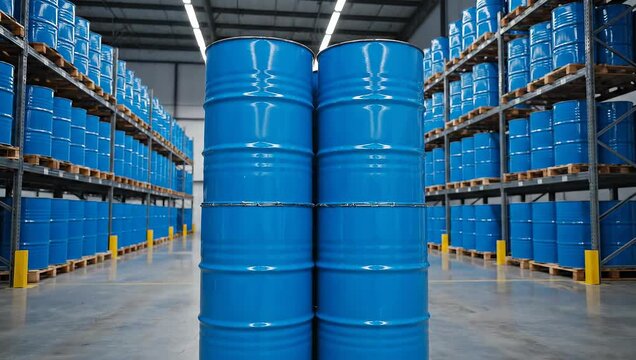 Two blue industrial barrels stand in front of a warehouse filled with many others.