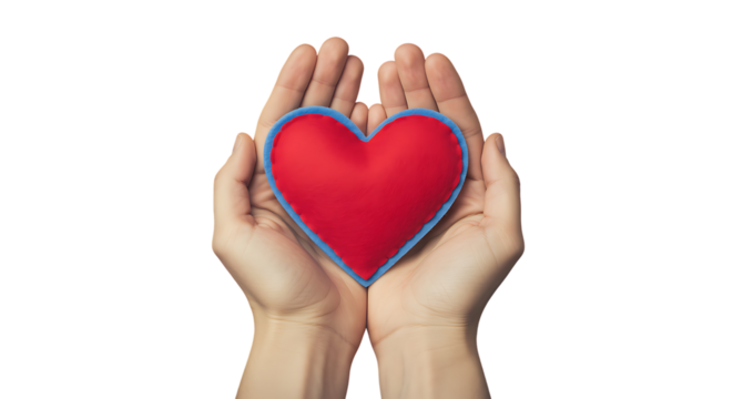 Hands gently cradling a vibrant red heart with a blue outline on transparent background.