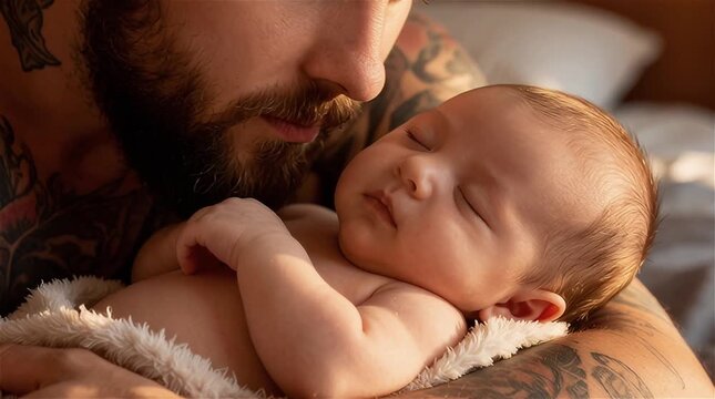 Padre tatuado sosteniendo a su bebé dormido