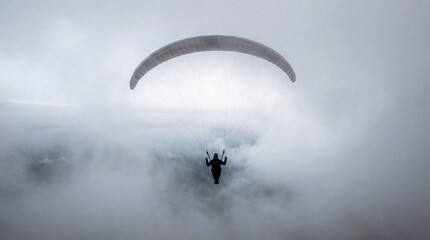 Rear view of paraglider drifting into thick misty clouds at high altitude.