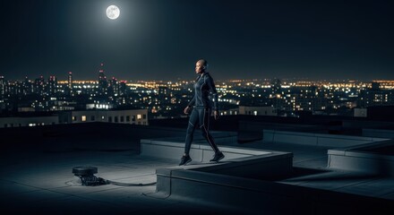 Strong woman walking alone on city rooftop at night under full moon for empowerment campaigns, cinematic banners, urban resilience visuals, personal growth themes, storytelling blogs, and night photog