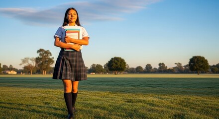 Confident schoolgirl walking across sunny field with books in arms for educational blogs, youth empowerment visuals, academic campaigns, back to school banners, personal growth themes, and student sto
