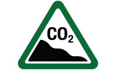 Illustration of a green triangular sign with co2 symbol and black mountain inside it