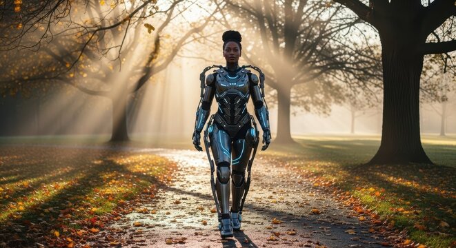 Futuristic woman in cyber armor walking through forest with morning light for sci-fi banners, tech blogs, AI presentations, empowerment themes, conceptual art, and futuristic storytelling visuals