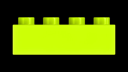 Lime Green Plastic Block Isolated on a Black Background. Close Up View of a Plastic Children Game Brick for Constructors, Front View. High Quality 3D Rendering with a Work Path. 8K Ultra HD, 7680x4320
