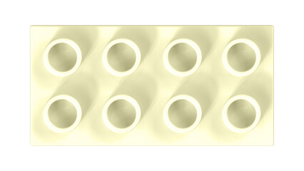 Cream Plastic Block Isolated on a White Background. Close Up View of a Plastic Children Game Brick for Constructors, Top View. High Quality 3D Rendering with a Work Path. 8K Ultra HD, 7680x4320