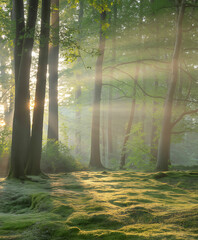 Sunlight streams through a misty forest floor covered in moss