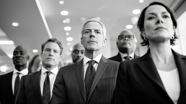  A leadership group standing with dignified calm following a board-level kickoff, surrounded by a high-end office with softly blurred surfaces, lit by precise, shadow-mi
