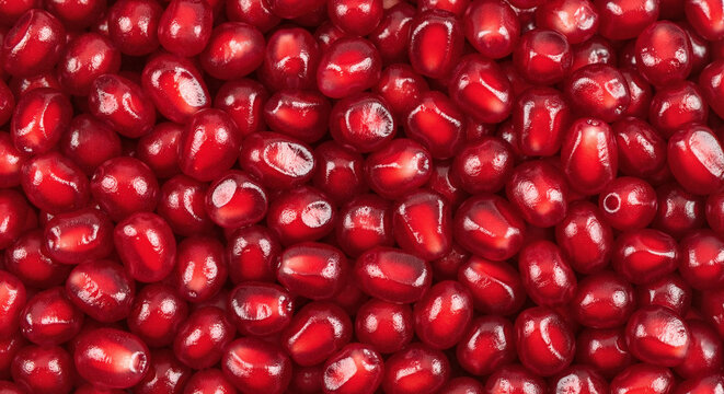Full frame macro texture of shiny red pomegranate seeds representing biological cells pattern or harvesting abundance