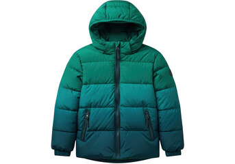 Green and blue ombre puffer jacket for child with hood and zipper closure, isolated on transparent background