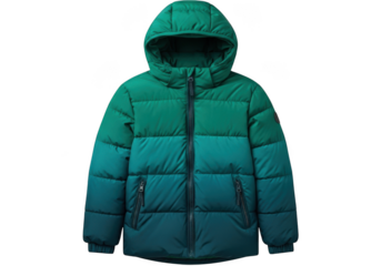 Green and blue ombre puffer jacket for child with hood and zipper closure, isolated on transparent background