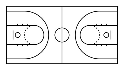 Fototapeta premium Simple basketball court outline diagram with clear markings and clean line structure, ideal for coaching sheets, strategy planning, sports graphics, and educational materials.
