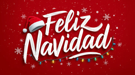 Merry Christmas t-shirt design with the words 'Feliz Navidad' and a Santa hat on top of it, with colorful Christmas lights around the text, in a white calligraphy font, on a red ba