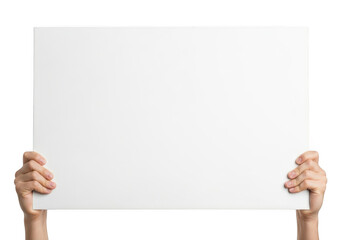 Two hands holding up a blank white rectangular sign or board isolated on transparent background