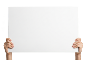 Two hands holding up a blank white rectangular sign or board isolated on transparent background