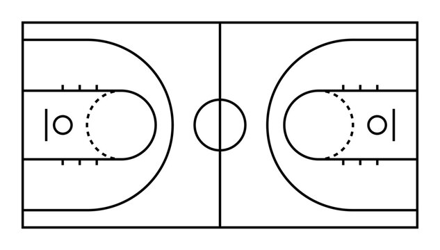 Simple basketball court outline diagram with clear markings and clean line structure, ideal for coaching sheets, strategy planning, sports graphics, and educational materials.