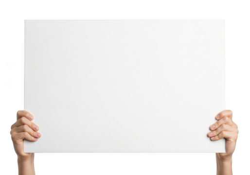 Two hands holding up a blank white rectangular sign or board isolated on transparent background