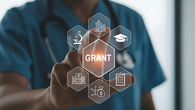 Doctor touching grant icon on futuristic digital screen