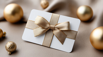  a sleek, white gift card promotion with a golden ribbon on top of it, with festive decorations around it against a leather background suitable for instagram promotions