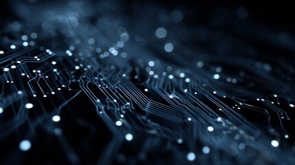 Close up of a dark blue circuit board with glowing white lights and blurred background elements