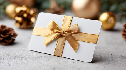  a sleek, white gift card promotion with a golden ribbon on top of it, with festive decorations around it against a leather background suitable for instagram promotions , 