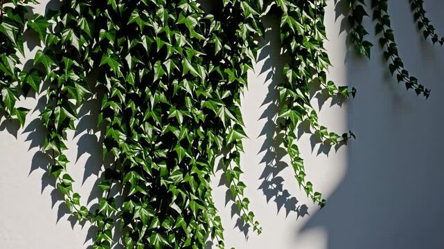 Dancing ivy shadow patterns on white wall with vibrant green leaf, strong sunlight, natural composition, tranquil outdoor atmosphere